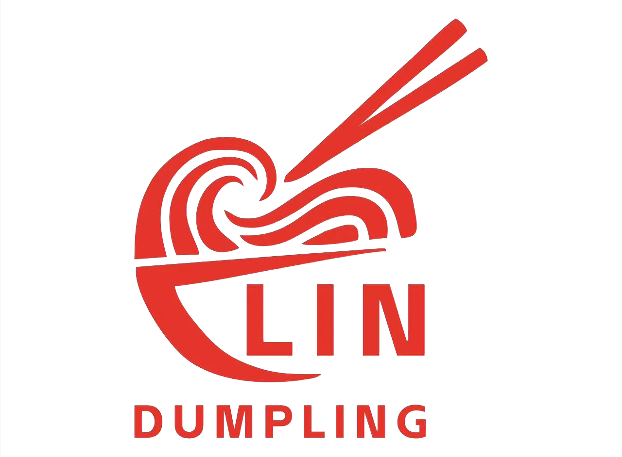 "Red logo for LIN Dumpling: stylized noodle swirl with chopsticks, text 'LIN' and 'DUMPLING'."